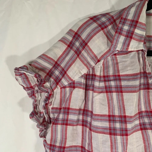 Paige Blouse Women’s Medium Plaid Short Sleeve Button Up Vneck Tie Top - Picture 3 of 9